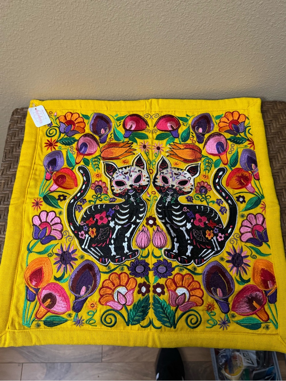 Yellow Embroidered Day of the Dead Cat Decorative Textile Throw Pillow Cover